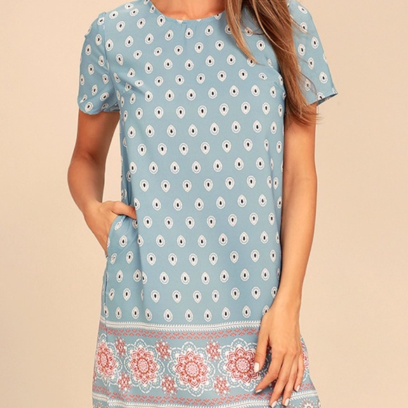 Lulus Secret Paradise Blue Print Shift Dress Sz XS - Picture 2 of 8